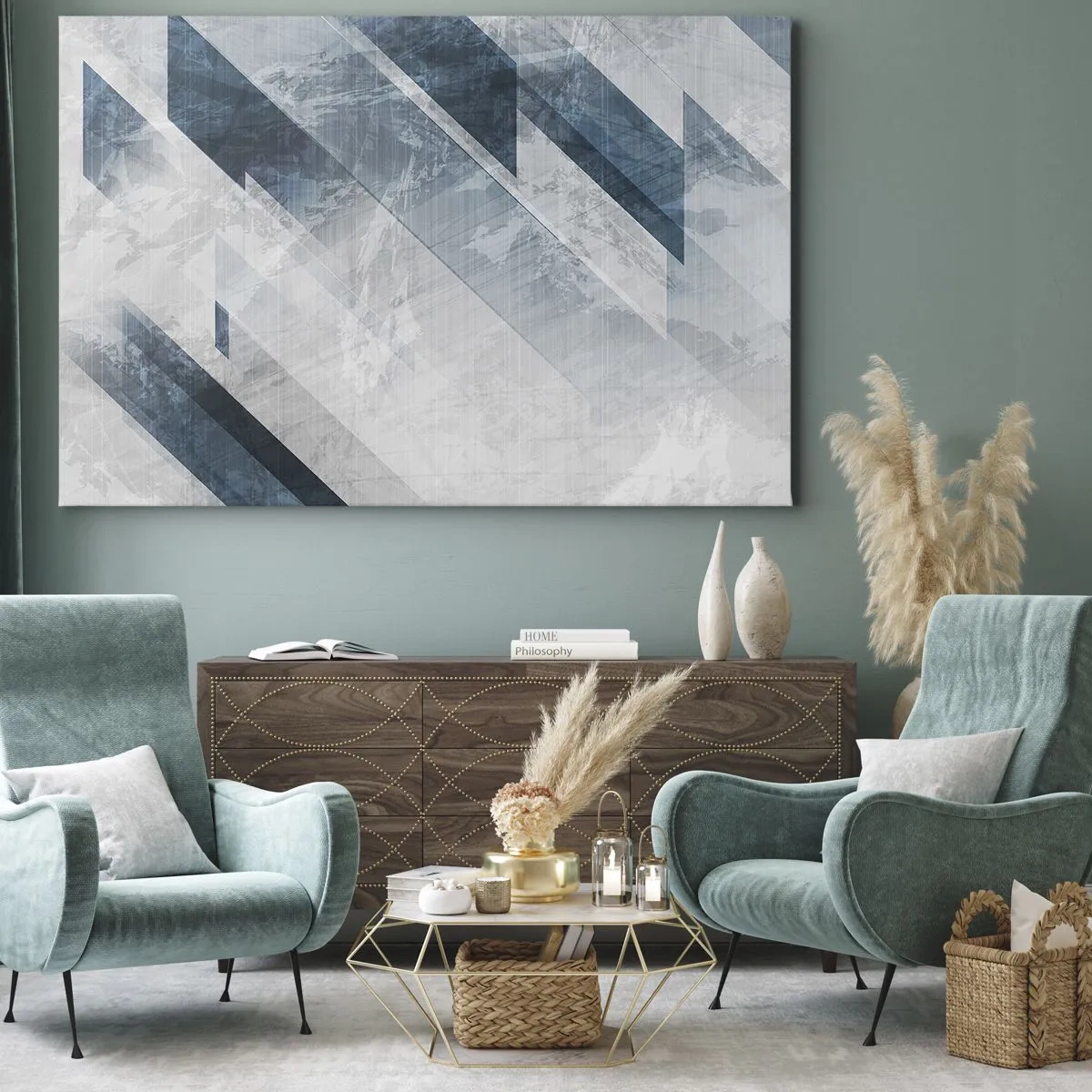 Bild auf Leinwand - Leinwandbild - Abstrakte Linien in Grau- und Blautönen - 70x50cm - Räumliche Komposition - graue Bewegung - Moderne Wanddekoration für Wohnzimmer und Schlafzimmer ARTTOR