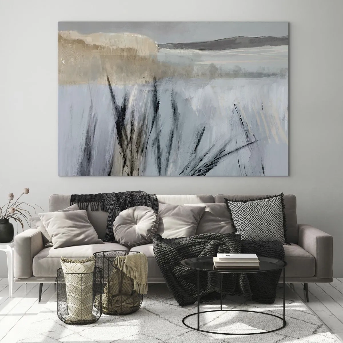 Glasbild - Bild auf glas - Winterlandschaft mit Gräsern vor dem Hintergrund schneebedeckter Felder - 100x70cm - Winterfelder - Moderne Wanddekoration für Wohnzimmer und Schlafzimmer ARTTOR