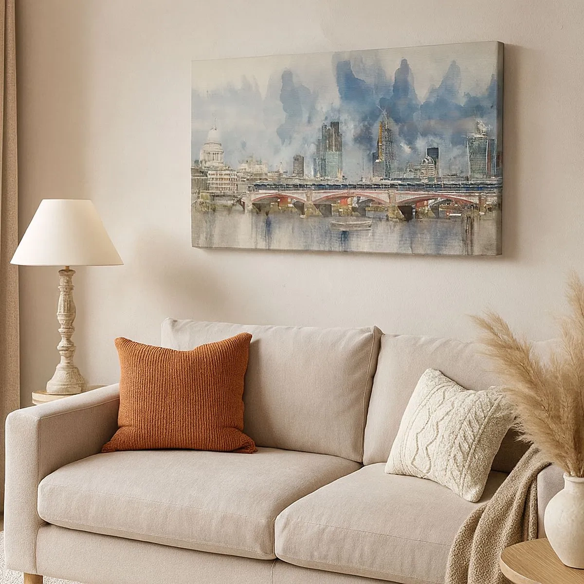 Bild auf Leinwand - Leinwandbild - Aquarellansicht der Brücke und der Skyline der Stadt - 70x50cm - London in seiner ganzen Pracht - Moderne Wanddekoration für Wohnzimmer und Schlafzimmer ARTTOR