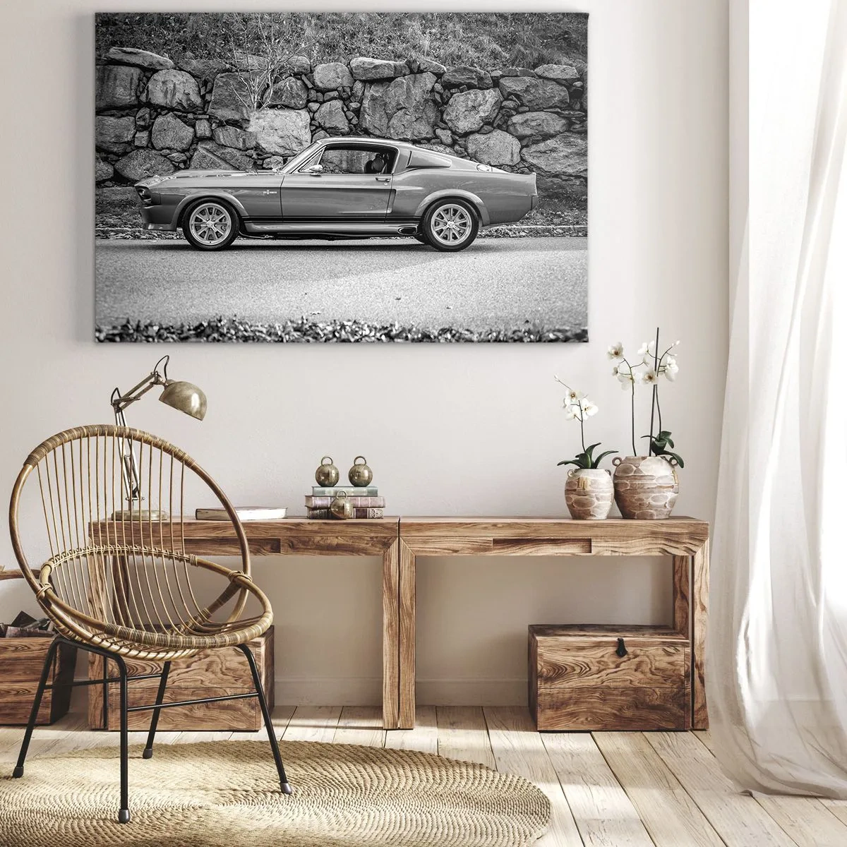 Bild auf Leinwand - Leinwandbild - Schwarz-Weiß-Foto eines Oldtimers - 100x70cm - Die Legende der 1960er - Moderne Wanddekoration für Wohnzimmer und Schlafzimmer ARTTOR