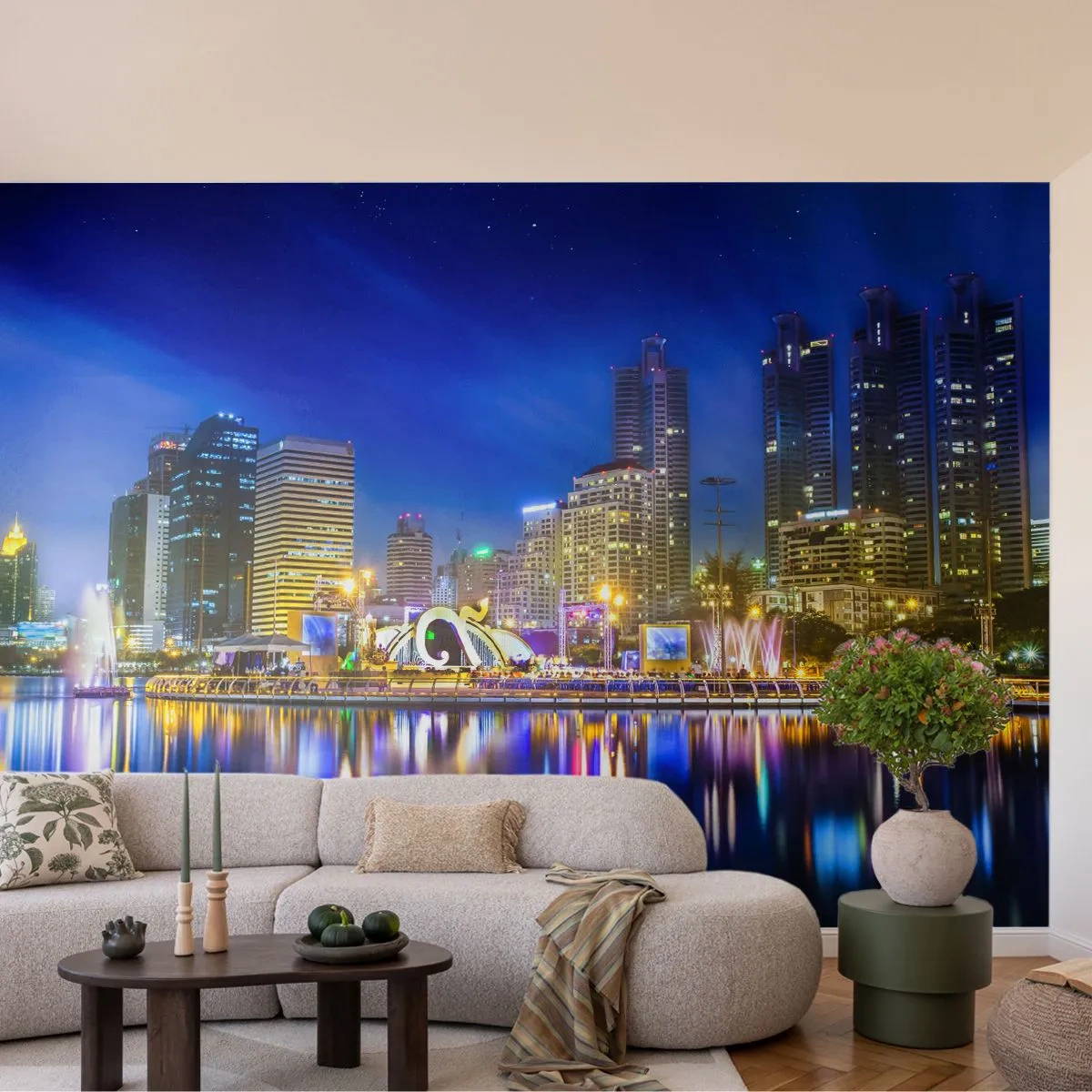 Fototapete Premium Canvas - Metropolis bei Regenbogennacht - Stadt, Bangkok, Die Architektur - 500x350 cm