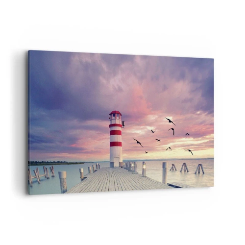 Bild auf Leinwand - Leinwandbild - Ein Leuchtturm auf dem Pier, umgeben von einem malerischen Sonnenuntergang - 100x70cm - Es ist Zeit zum Hafen zu gehen - Moderne Wanddekoration für Wohnzimmer und Schlafzimmer ARTTOR