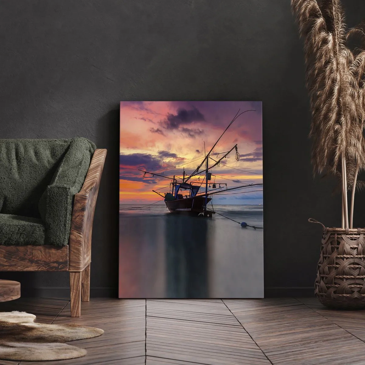 Bild auf Leinwand - Leinwandbild - Ein Fischerboot vor der Kulisse eines farbenfrohen Sonnenuntergangs - 80x120cm - Exotischer Abend - Moderne Wanddekoration für Wohnzimmer und Schlafzimmer ARTTOR
