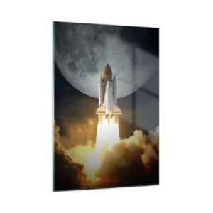 Glasbild - Bild auf glas - Der Start einer Weltraumrakete vor dem Hintergrund des Mondes und des Nachthimmels. - 50x70cm - Beginn eines überirdischen Abenteuers - Moderne Wanddekoration für Wohnzimmer und Schlafzimmer ARTTOR