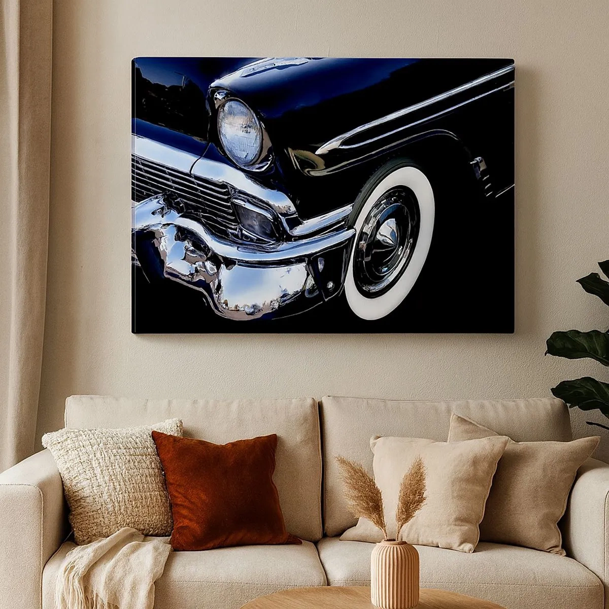 Bild auf Leinwand - Leinwandbild - Schwarzer Oldtimer, Nahaufnahme von Scheinwerfer und Kotflügel - 70x50cm - Klassiker in Silber, Schwarz und Weiß - Moderne Wanddekoration für Wohnzimmer und Schlafzimmer ARTTOR