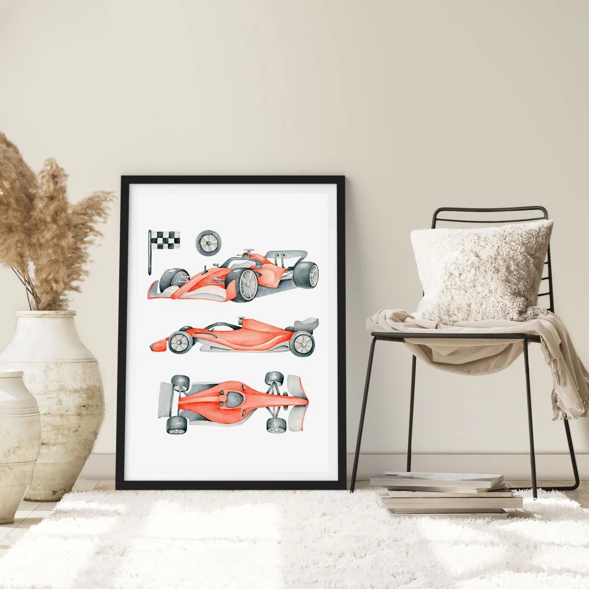 Poster in einem schwarzem Rahmen - Aquarell-Illustration eines Rennwagens - 50x70cm - Dem Traum folgen - Moderne Wanddekoration für Wohnzimmer und Schlafzimmer ARTTOR