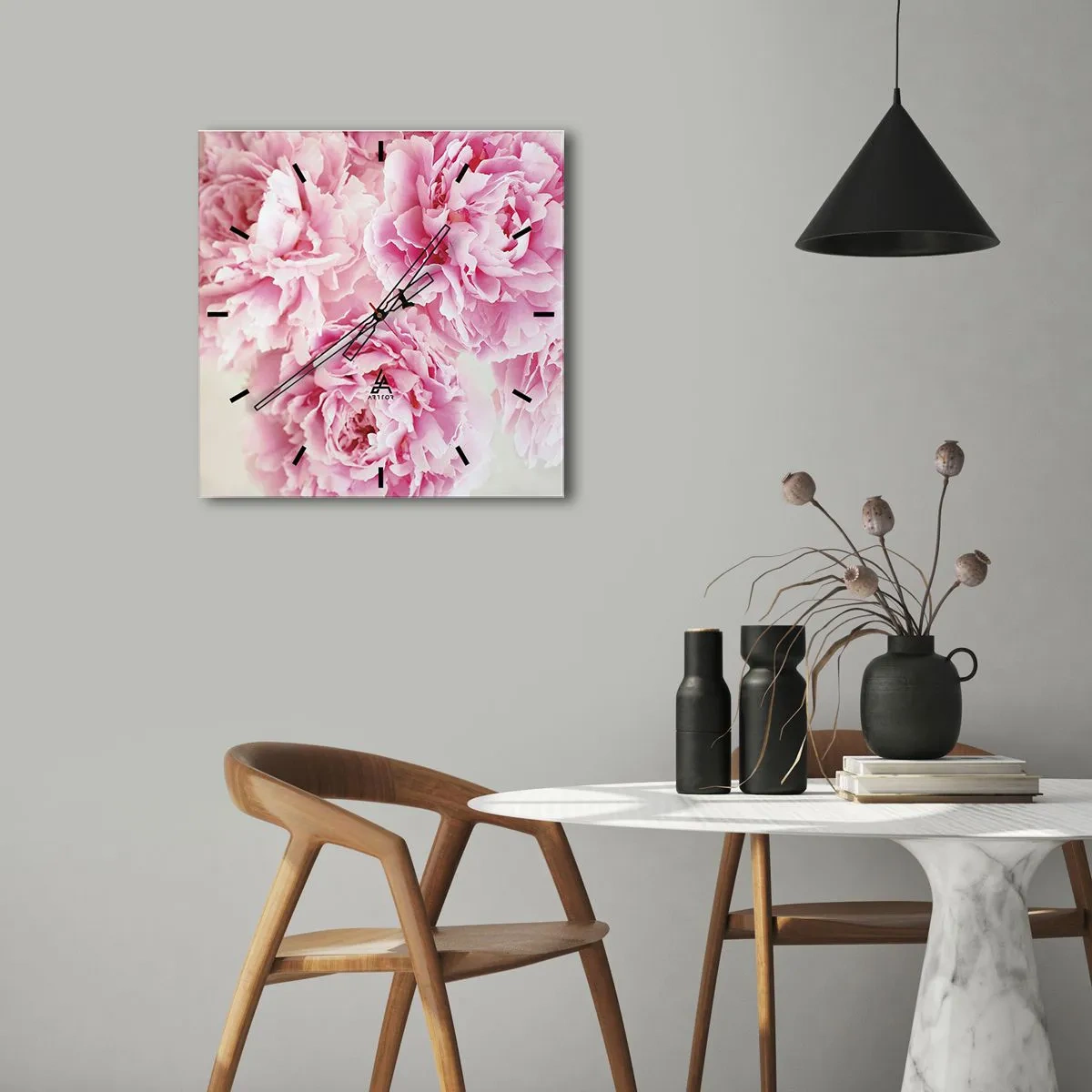 Wanduhr - Glasuhr - Ein Strauß rosa Pfingstrosen auf hellem Hintergrund - 30x30cm - In rosa Glamour - Moderne Wanddekoration für Wohnzimmer und Schlafzimmer ARTTOR