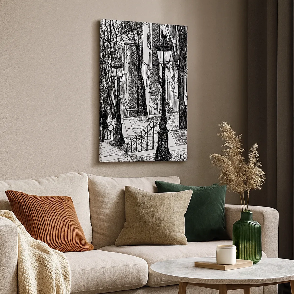 Bild auf Leinwand - Leinwandbild - Eine Straße mit Lampen und einer menschlichen Silhouette in Skizzentechnik - 50x70cm - Liebesgeschichte oder Horrorgeschichte? - Moderne Wanddekoration für Wohnzimmer und Schlafzimmer ARTTOR