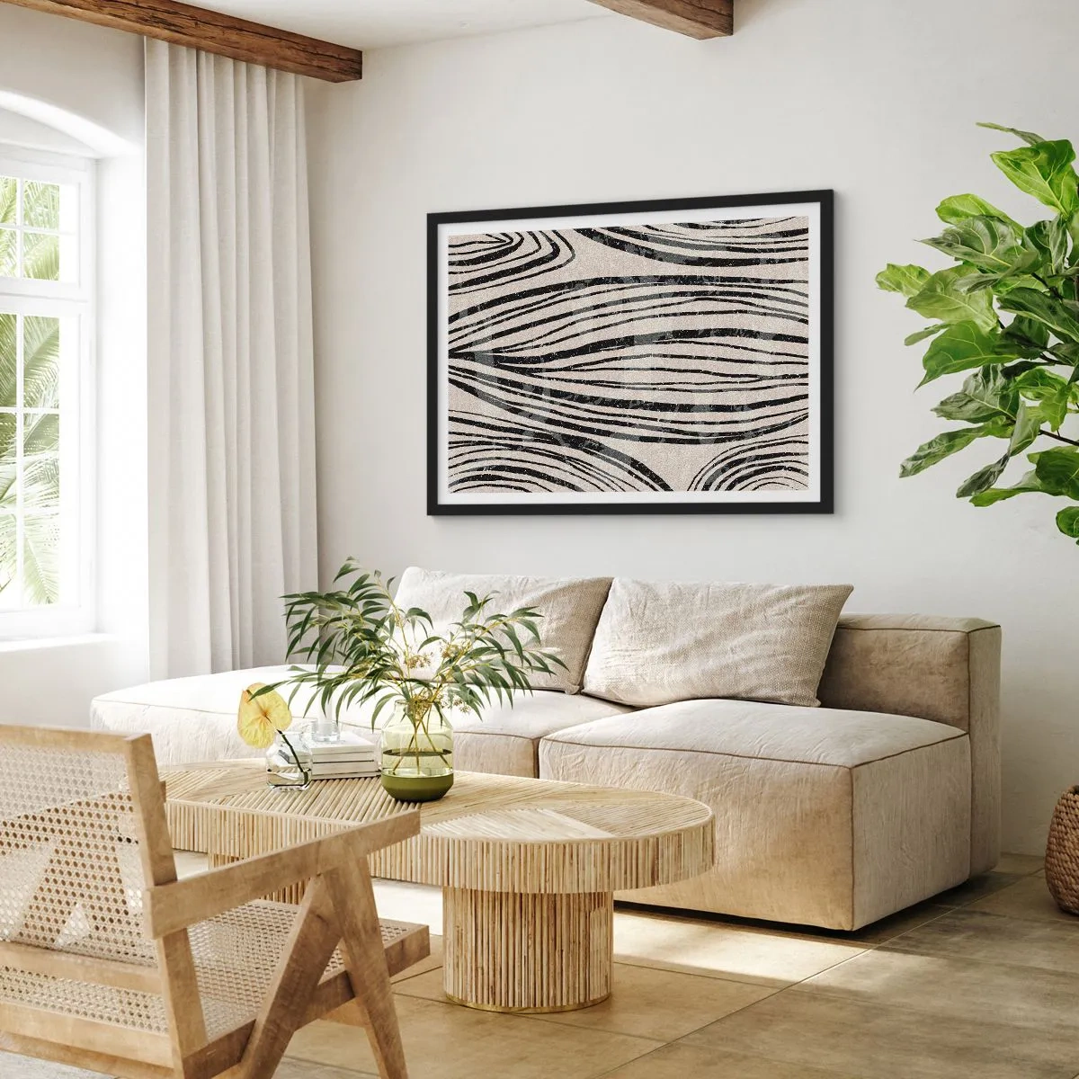 Poster in einem schwarzem Rahmen - Abstrakte Wellen in Schwarz-Weiß-Tönen - 100x70cm - Linienpool - Moderne Wanddekoration für Wohnzimmer und Schlafzimmer ARTTOR