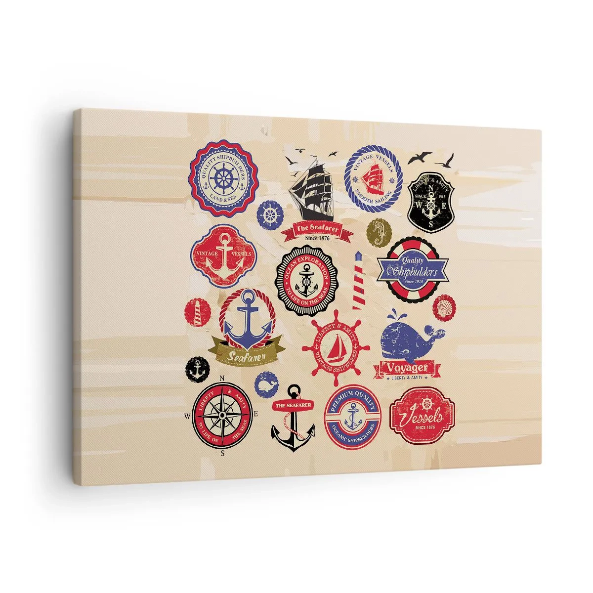Bild auf Leinwand - Leinwandbild - Eine Sammlung nautischer Grafiken und Symbole auf hellem Hintergrund - 70x50cm - Segelbruderschaft - Moderne Wanddekoration für Wohnzimmer und Schlafzimmer ARTTOR