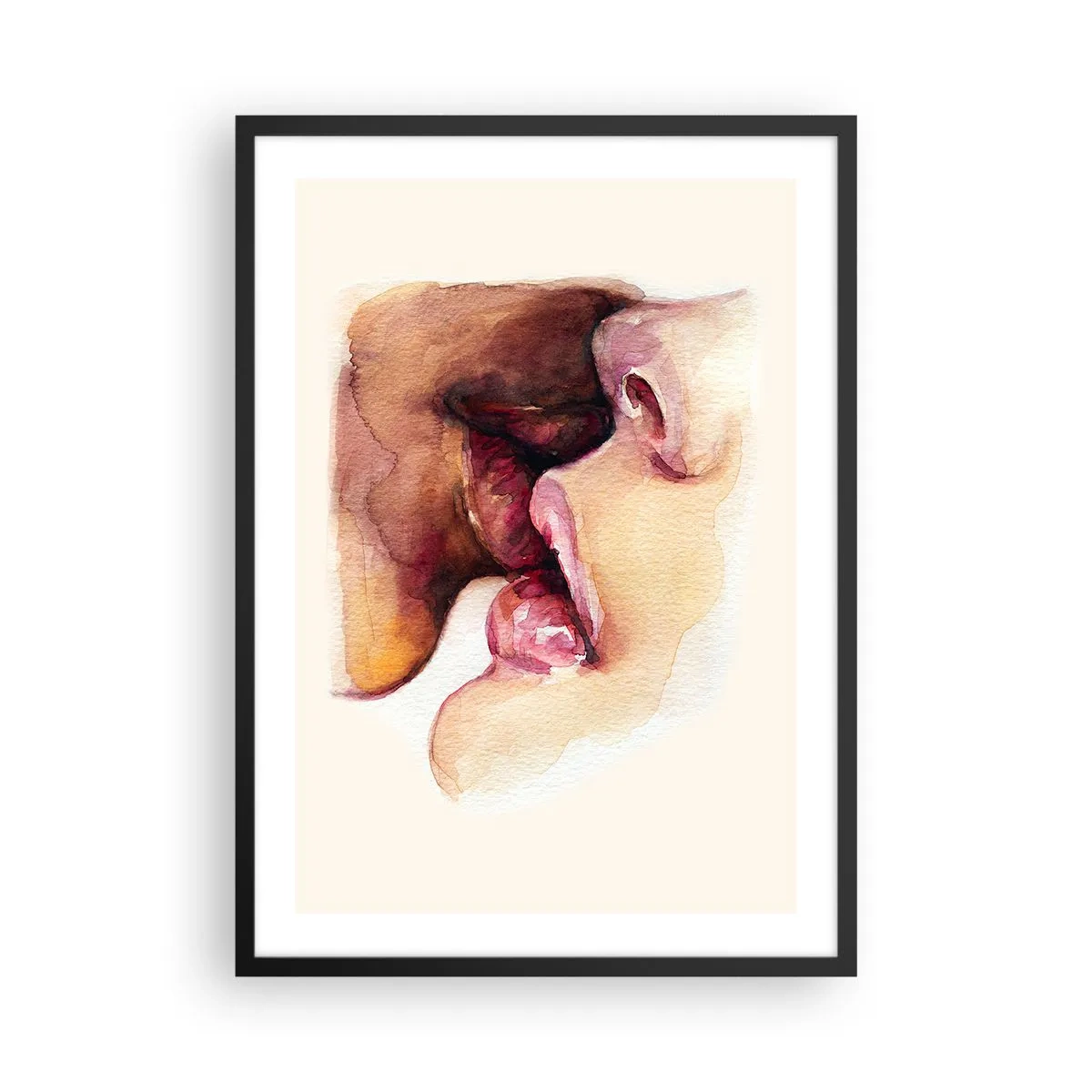 Poster in einem schwarzem Rahmen - Aquarelllippen in einem innigen Kuss vor hellem Hintergrund - 50x70cm - Wie Tag und Nacht, Erde und Himmel - Moderne Wanddekoration für Wohnzimmer und Schlafzimmer ARTTOR