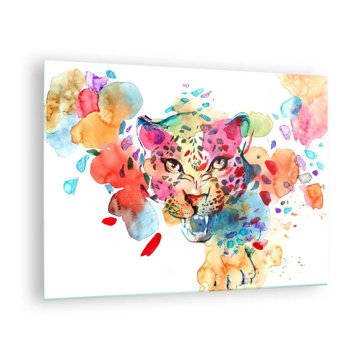 Glasbild - Bild auf glas - Buntes Aquarellporträt eines Leoparden - 70x50cm - Die Schöne und das Biest - Moderne Wanddekoration für Wohnzimmer und Schlafzimmer ARTTOR