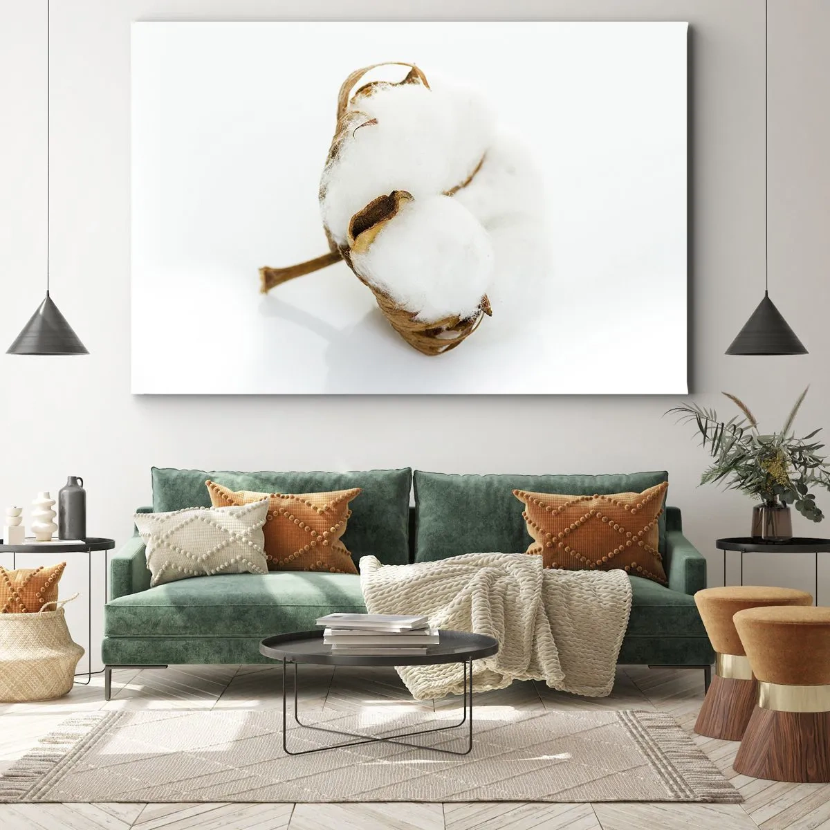 Bild auf Leinwand - Leinwandbild - Ein Baumwollzweig auf hellem Hintergrund in minimalistischem Ansatz - 70x50cm - Von Natur aus weich - Moderne Wanddekoration für Wohnzimmer und Schlafzimmer ARTTOR