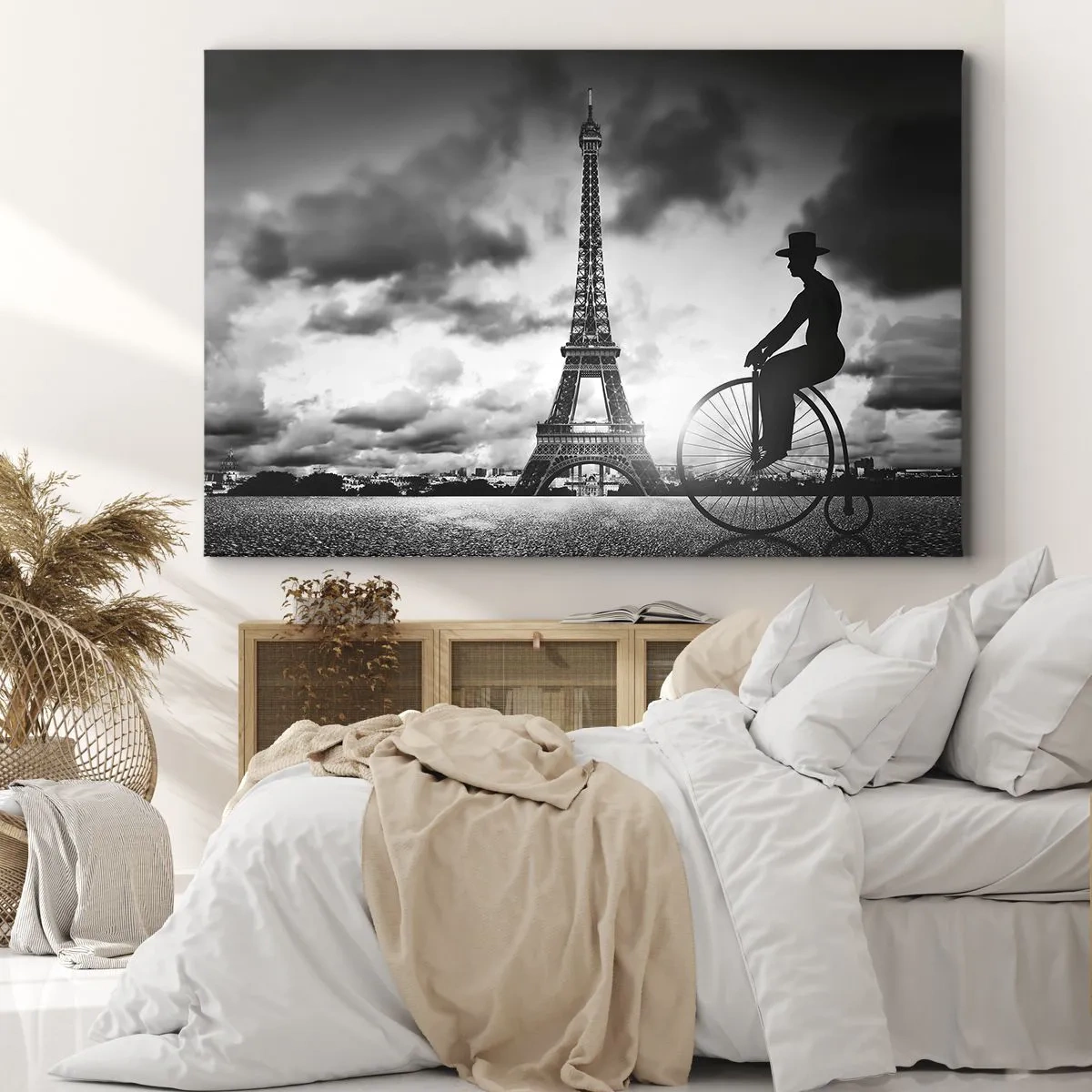Bild auf Leinwand - Leinwandbild - Schwarz-Weiß-Bild eines Retro-Fahrrads mit dem Eiffelturm im Hintergrund - 70x50cm - Sehnsucht nach Belle Epoque - Moderne Wanddekoration für Wohnzimmer und Schlafzimmer ARTTOR