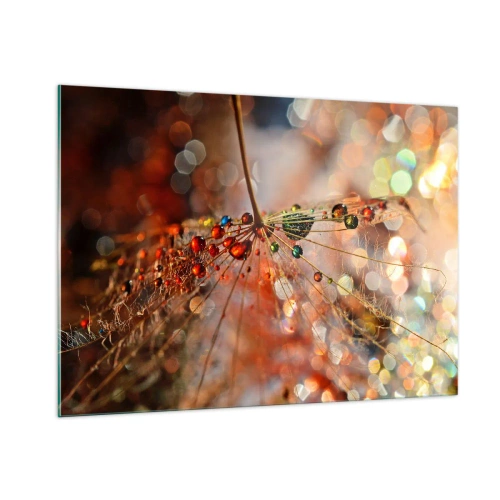 Glasbild - Bild auf glas - Wassertropfen auf einem zarten Spinnennetz im Bokeh-Licht - 100x70cm - Auf einem Spinnenfaden aufgefädelt - Moderne Wanddekoration für Wohnzimmer und Schlafzimmer ARTTOR