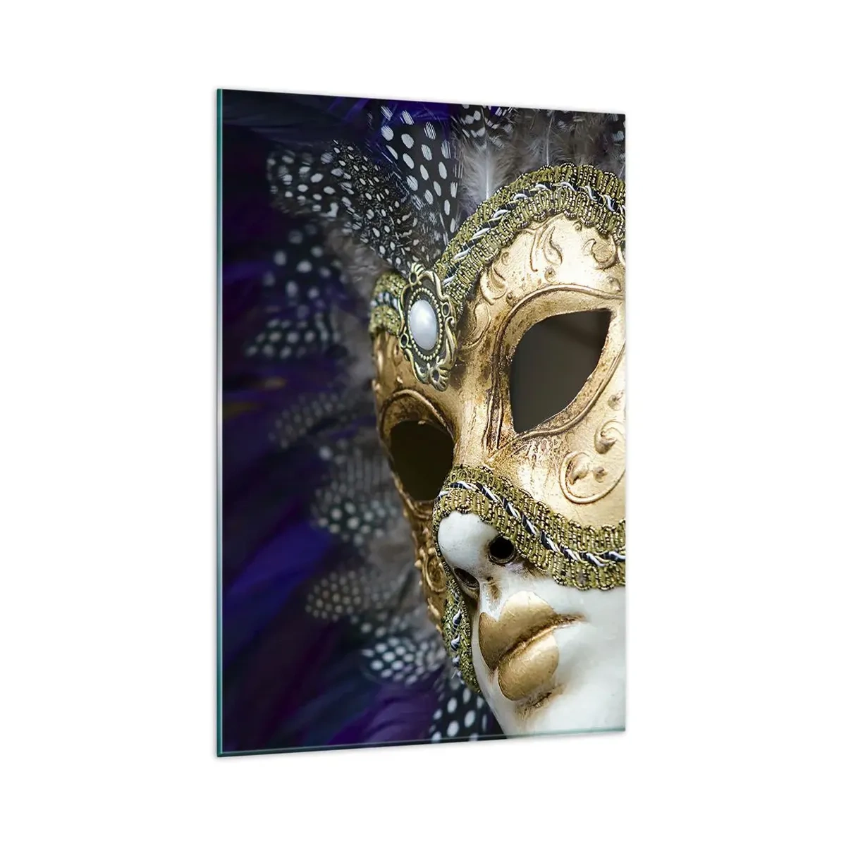 Glasbild - Bild auf glas - Goldene venezianische Maske mit dekorativen Federn und Ornamenten - 80x120cm - Venezianisches Porträt in Gold - Moderne Wanddekoration für Wohnzimmer und Schlafzimmer ARTTOR