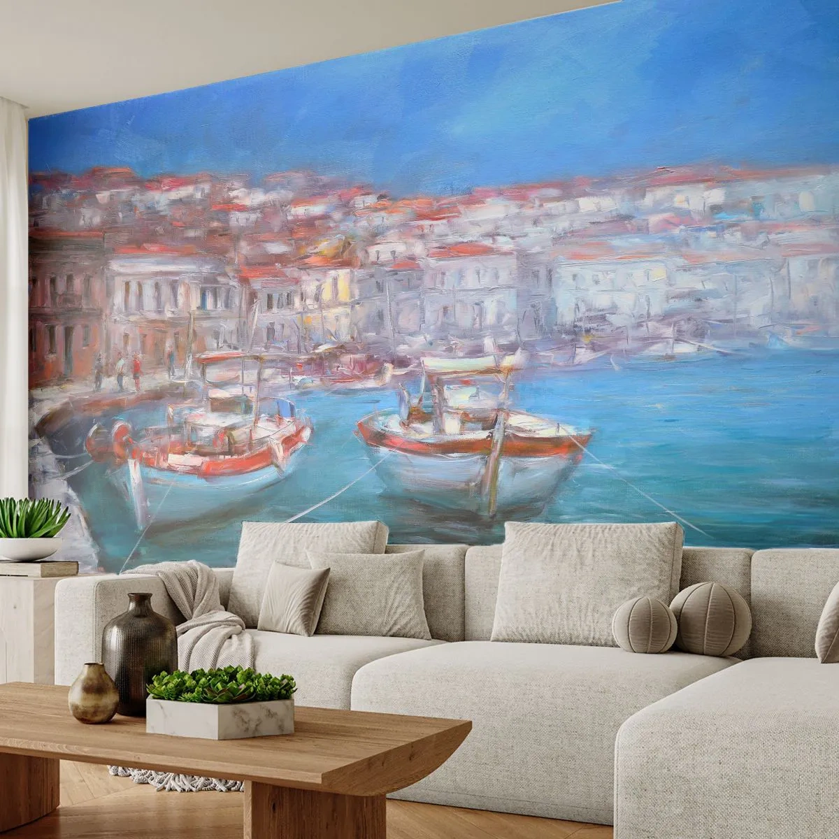 Fototapete Premium Sand - Impressionistischer Hafen einer Küstenstadt mit Booten - 100x70cm - Italienische Bucht - Moderne Wanddekoration für Wohnzimmer und Schlafzimmer ARTTOR