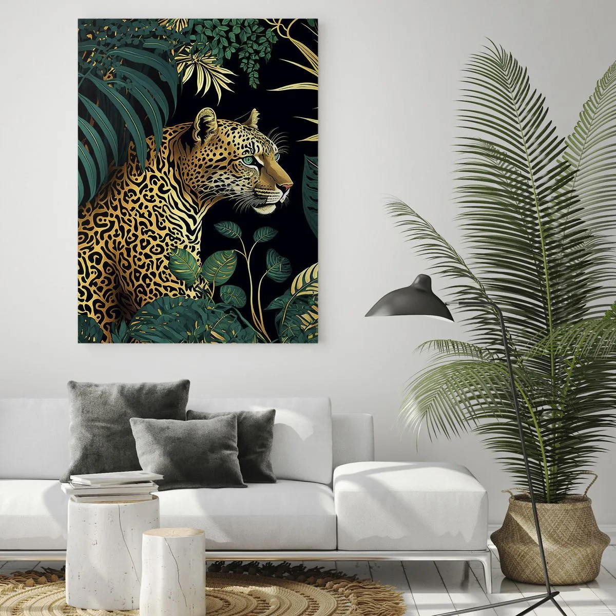Glasbild - Bild auf glas - Ein Leopard zwischen tropischen Blättern auf dunklem Hintergrund - 50x70cm - Gastgeber im Dschungel - Moderne Wanddekoration für Wohnzimmer und Schlafzimmer ARTTOR
