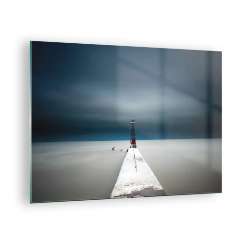 Glasbild - Bild auf glas - Ein minimalistischer Pier, der zum Leuchtturm führt, vor der Kulisse von Meer und Himmel - 70x50cm - Um der Weite zu begegnen - Moderne Wanddekoration für Wohnzimmer und Schlafzimmer ARTTOR