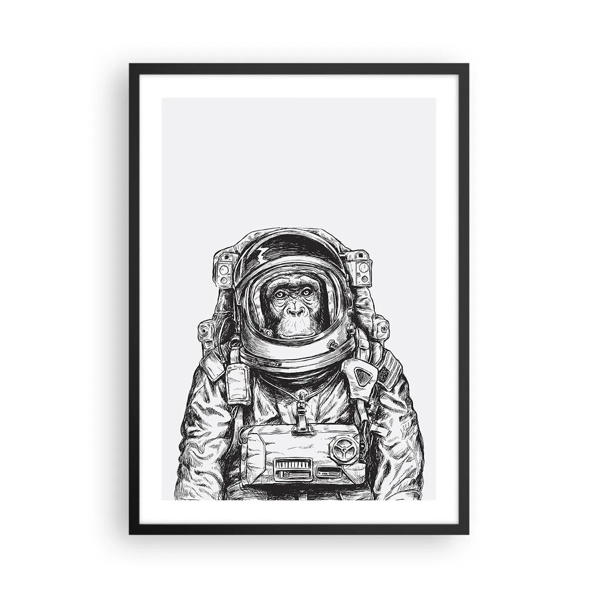 Poster in einem schwarzem Rahmen - Ein Affe in einem Raumanzug auf weißem Hintergrund - 50x70cm - Alternative Evolution - Moderne Wanddekoration für Wohnzimmer und Schlafzimmer ARTTOR
