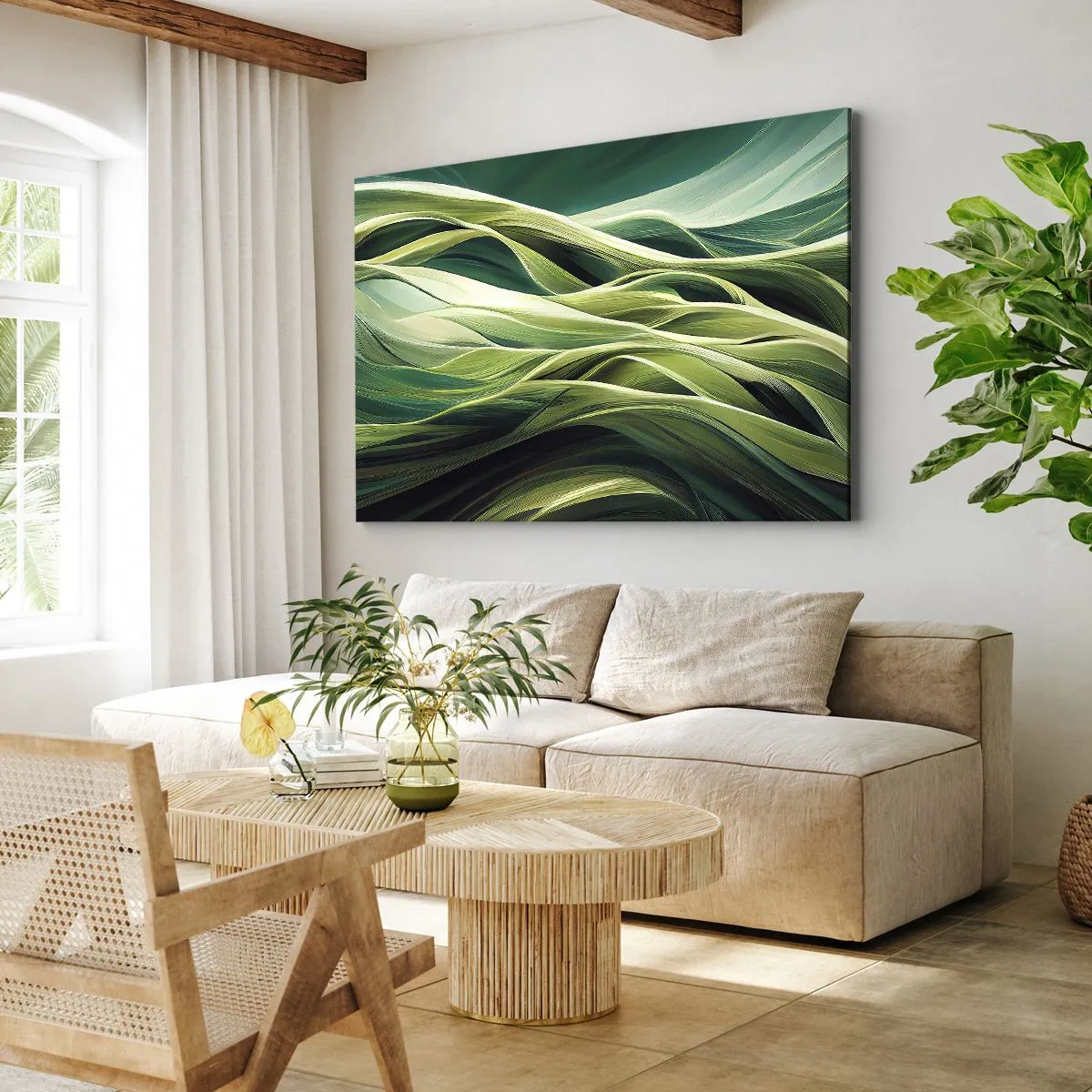 Bild auf Leinwand - Leinwandbild - Dynamische Linien in Grüntönen - 120x80cm - Abstraktes grünes Spiel - Moderne Wanddekoration für Wohnzimmer und Schlafzimmer ARTTOR
