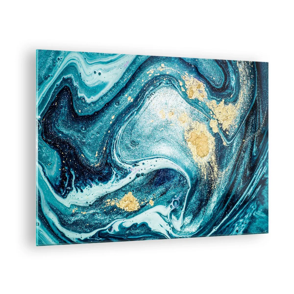 Glasbild - Bild auf glas - Abstrakte Wirbel in Türkis- und Goldtönen - 70x50cm - Blauer Wirbel - Moderne Wanddekoration für Wohnzimmer und Schlafzimmer ARTTOR