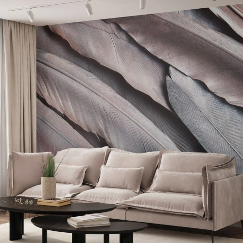 Fototapete Premium Sand - In rosa Silber - Vogelfeder, Grafik, Boho - 450x315 cm