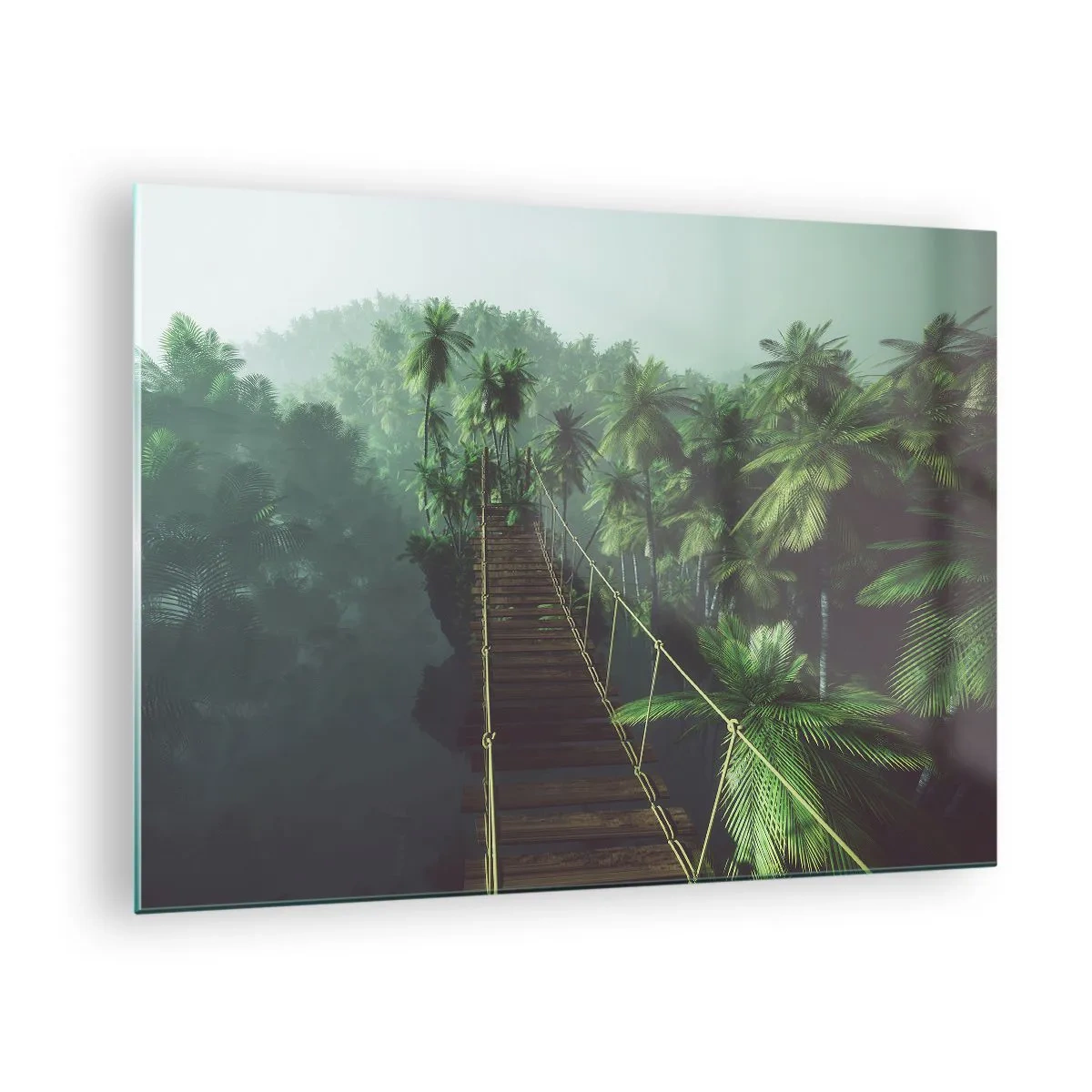Glasbild - Bild auf glas - Eine Hängebrücke im Dschungel, umgeben von Palmen - 70x50cm - Über der Brandung des Grüns - Moderne Wanddekoration für Wohnzimmer und Schlafzimmer ARTTOR