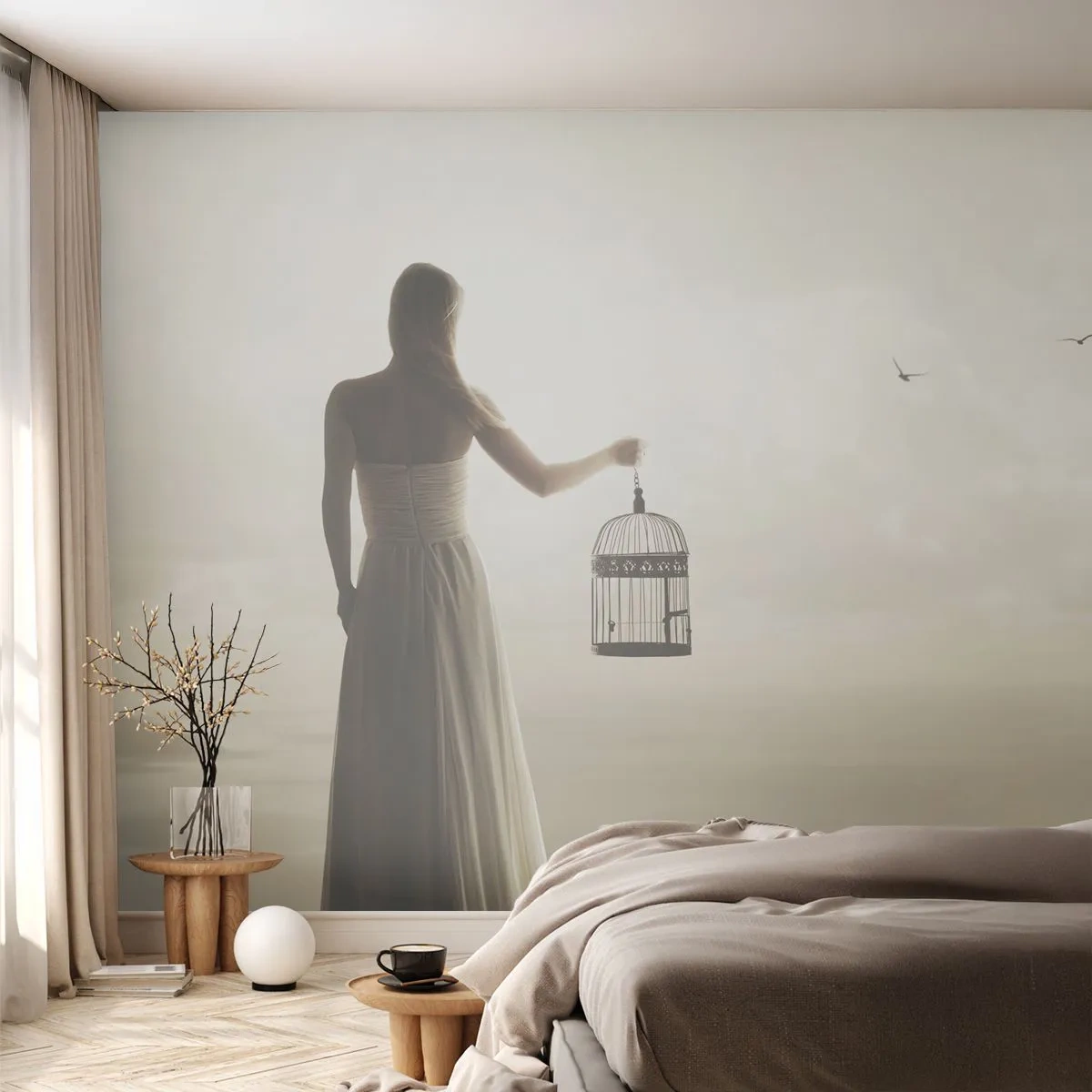 Selbstklebende Fototapete Deluxe Sticker - Sei frei - Frau, Vogelkäfig, Vogel - 500x350 cm