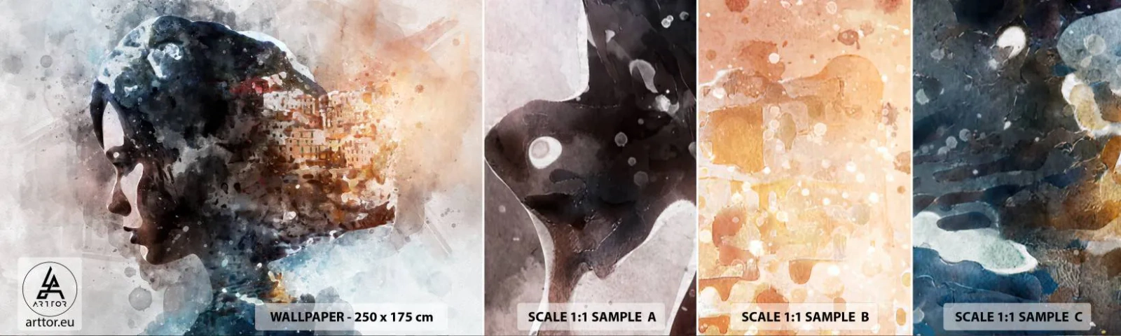 Fototapeten Muster Selbstklebend Deluxe Sticker - Eine Geschichte über ein Mädchen mit einer Stadt im Hintergrund - Abstraktion, Frau, Die Architektur - 100x30 cm