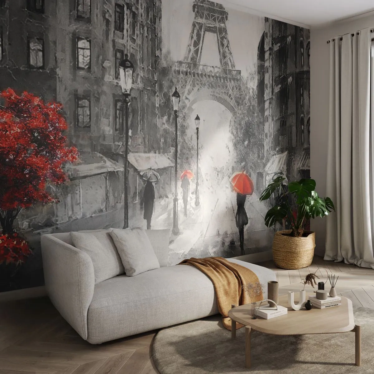 Fototapete Premium Sand - Schwarz-weißes Paris im Regen mit roten Akzenten - 100x70cm - Alle Wege führen zu ihr - Moderne Wanddekoration für Wohnzimmer und Schlafzimmer ARTTOR