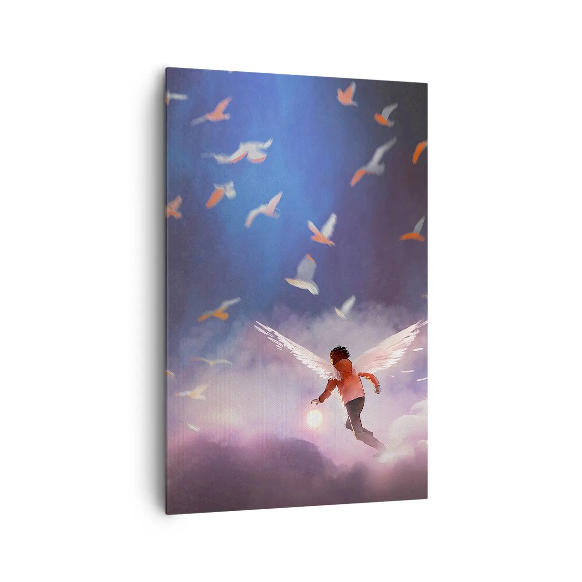 Bild auf Leinwand - Leinwandbild - Eine Figur mit Engelsflügeln, die zwischen Vögeln am Himmel schwebt - 80x120cm - Du brauchst Fantasie und Mut - Moderne Wanddekoration für Wohnzimmer und Schlafzimmer ARTTOR