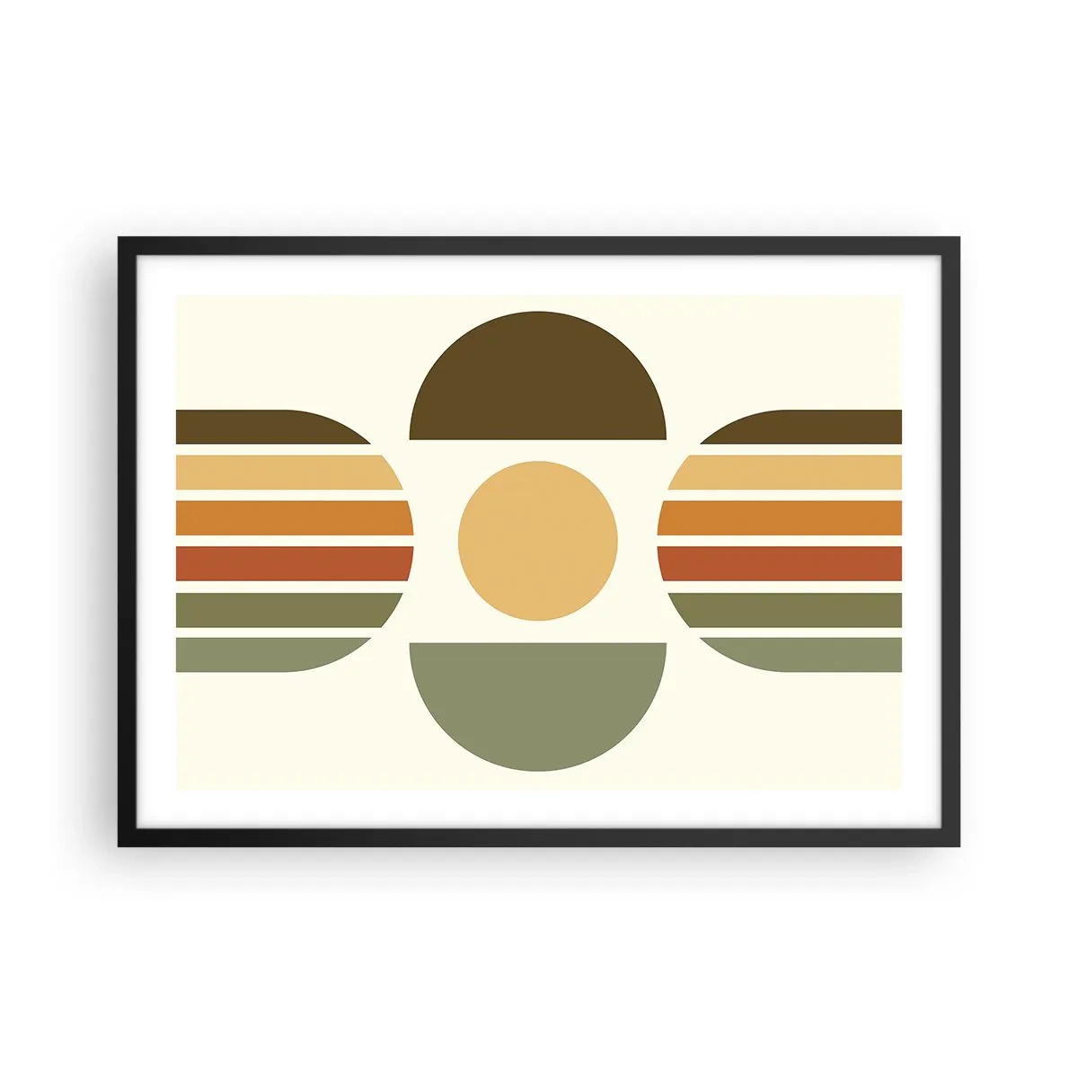 Poster in einem schwarzem Rahmen - Geometrische Komposition mit Halbkreisen und Streifen in Erdtönen - 70x50cm - In Erdtönen - Moderne Wanddekoration für Wohnzimmer und Schlafzimmer ARTTOR