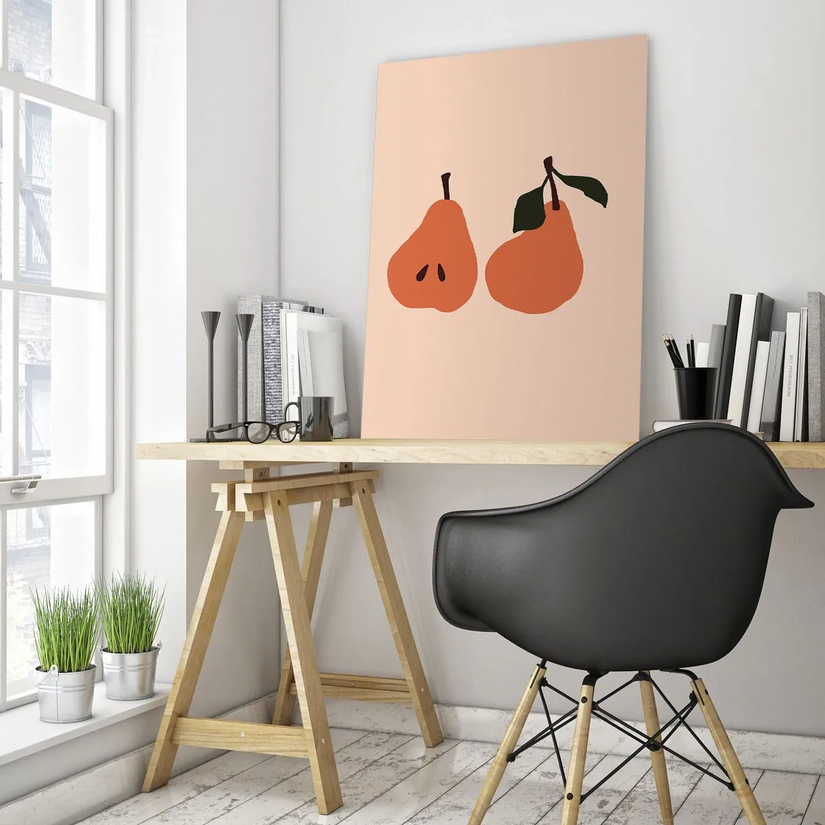 Glasbild - Bild auf glas - Eine minimalistische Illustration von zwei Birnen auf beigem Hintergrund. - 70x100cm - Pure Süße - Moderne Wanddekoration für Wohnzimmer und Schlafzimmer ARTTOR