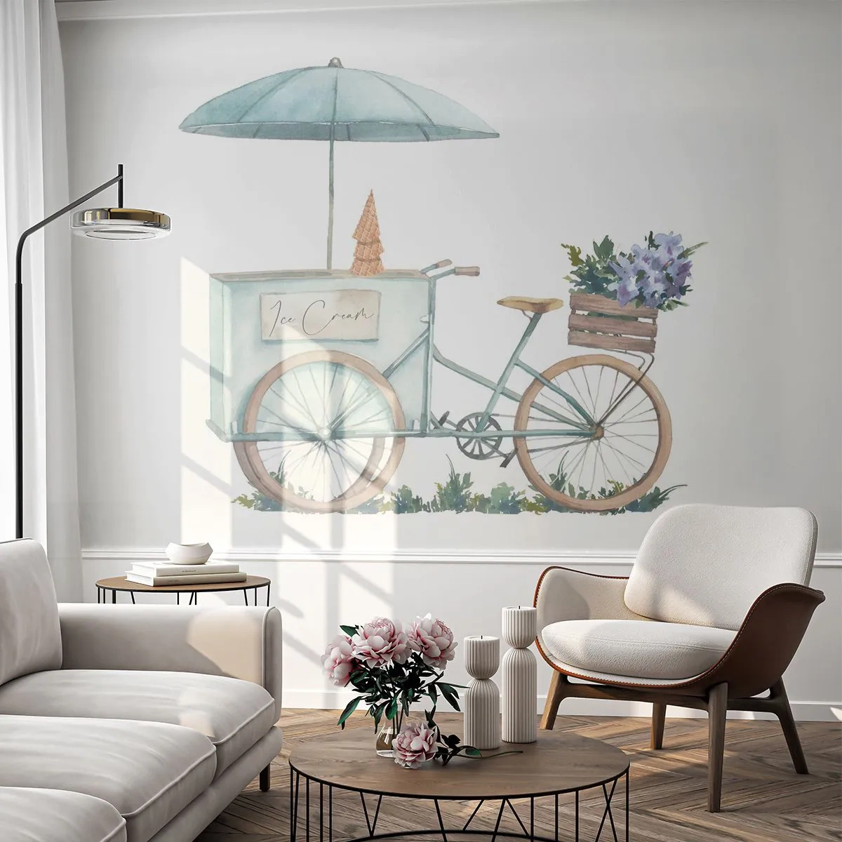 Fototapete Premium Sand - Sommerfahrrad mit Eis und Blumen in einer Schachtel im Aquarellstil - 100x70cm - Süße Erinnerung an den Sommer - Moderne Wanddekoration für Wohnzimmer und Schlafzimmer ARTTOR
