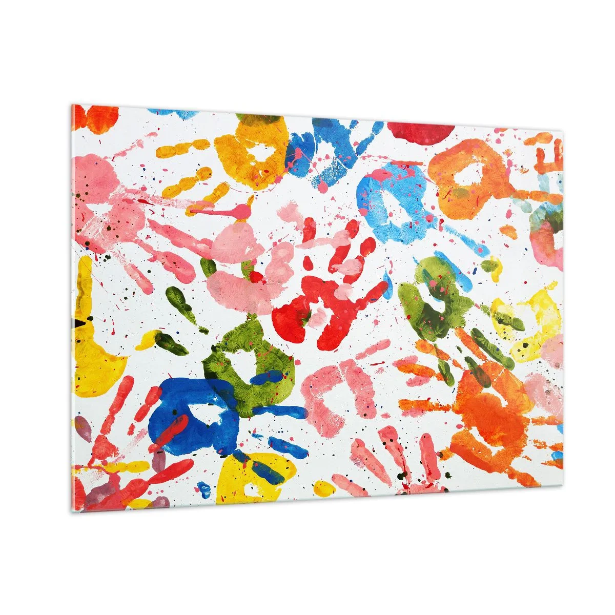 Glasbild - Bild auf glas - Bunte Handabdrücke auf weißem Hintergrund - 100x70cm - Folgen Sie den Spuren - Moderne Wanddekoration für Wohnzimmer und Schlafzimmer ARTTOR