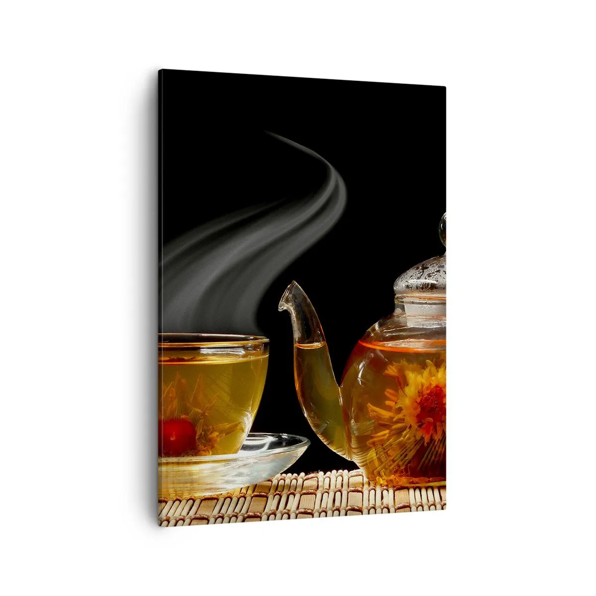 Bild auf Leinwand - Leinwandbild - Glasteekanne mit Blumentee und einer Tasse - 50x70cm - Die Magie und Kunst des Teezubereitens - Moderne Wanddekoration für Wohnzimmer und Schlafzimmer ARTTOR