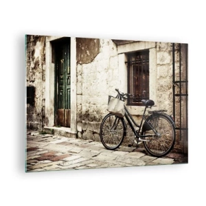 Glasbild - Bild auf glas - Ein schwarz-weißes Fahrrad lehnt an einem alten Mietshaus - 70x50cm - Zurück in die Vergangenheit - Moderne Wanddekoration für Wohnzimmer und Schlafzimmer ARTTOR