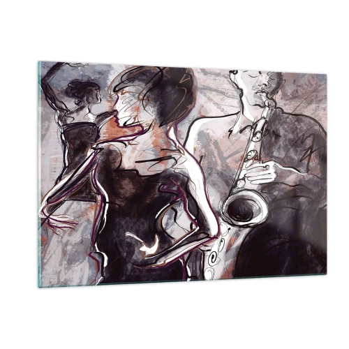 Glasbild - Bild auf glas - Tänzer und ein Saxophonist im künstlerischen Sketch-Stil - 120x80cm - In der Musik auflösen - Moderne Wanddekoration für Wohnzimmer und Schlafzimmer ARTTOR