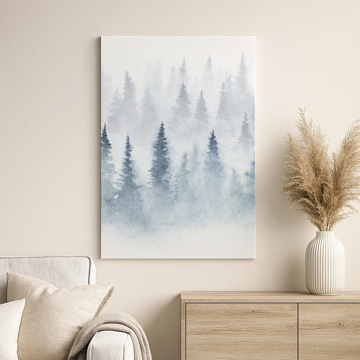 Bild auf Leinwand - Leinwandbild - Nadelwälder in zartem Nebel getaucht - 50x70cm - In Nebel gehüllt - Moderne Wanddekoration für Wohnzimmer und Schlafzimmer ARTTOR