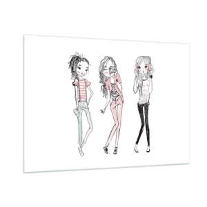 Glasbild - Bild auf glas - Drei stylische Mädchen in Pastellfarben - 100x70cm - Es wird, es wird Spaß machen - Moderne Wanddekoration für Wohnzimmer und Schlafzimmer ARTTOR