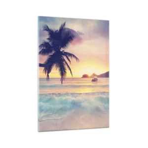 Glasbild - Bild auf glas - Strand mit Palmen und Sonnenuntergang über dem Meer - 70x100cm - Ein Abend in der Bucht - Moderne Wanddekoration für Wohnzimmer und Schlafzimmer ARTTOR