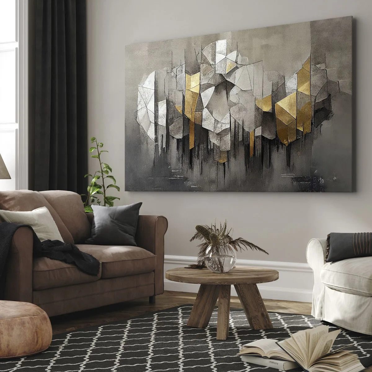 Bild auf Leinwand - Leinwandbild - Geometrische Abstraktion in Gold- und Grautönen - 120x80cm - Komposition aus Eis und Licht - Moderne Wanddekoration für Wohnzimmer und Schlafzimmer ARTTOR