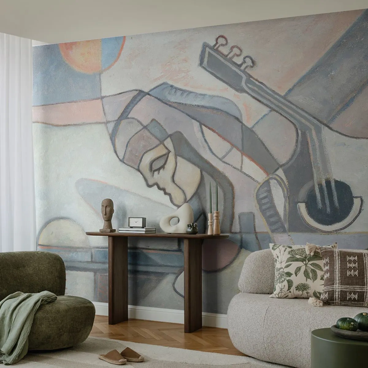 Fototapete Premium Sand - Abstraktes Porträt einer Frau mit einer Gitarre in Grautönen. - 100x70cm - In der Kraft der Musik - Moderne Wanddekoration für Wohnzimmer und Schlafzimmer ARTTOR