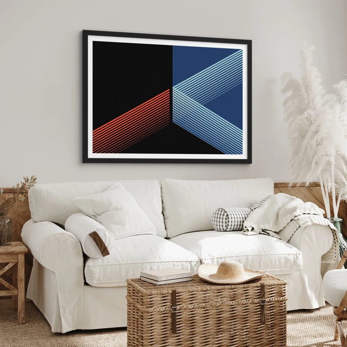 Poster in einem schwarzem Rahmen - Geometrische Linien in Rot- und Blautönen - 70x50cm - Eine einfache Geschichte - Moderne Wanddekoration für Wohnzimmer und Schlafzimmer ARTTOR