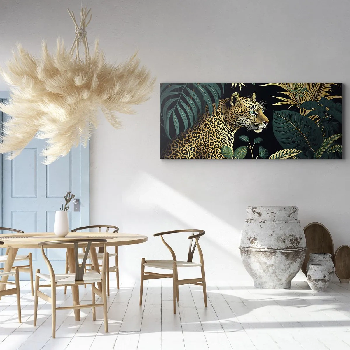 Bild auf Leinwand - Leinwandbild - Leopard in tropischen Blättern auf schwarzem Hintergrund - 140x50cm - Gastgeber im Dschungel - Moderne Wanddekoration für Wohnzimmer und Schlafzimmer ARTTOR