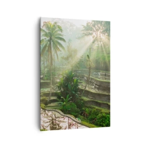 Bild auf Leinwand - Leinwandbild - Reisterrassen mit Palmen in den Sonnenstrahlen - 70x100cm - In der Sonne aufwachsen - Moderne Wanddekoration für Wohnzimmer und Schlafzimmer ARTTOR