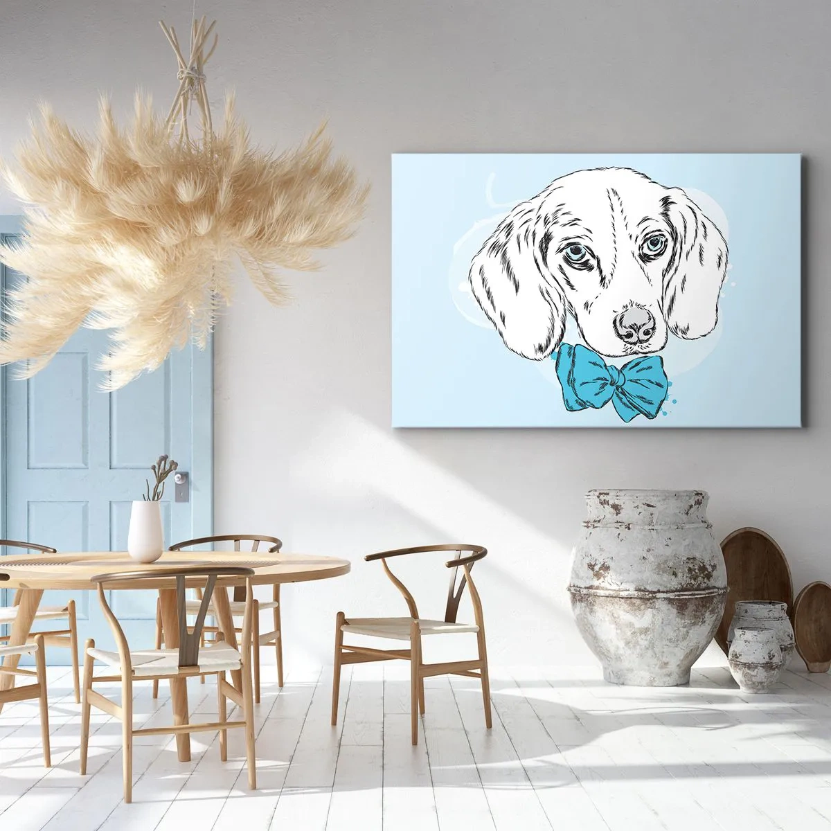 Bild auf Leinwand - Leinwandbild - Entzückende Grafik eines Hundes mit Fliege auf pastellfarbenem Hintergrund - 120x80cm - Hunde-Eleganz - Moderne Wanddekoration für Wohnzimmer und Schlafzimmer ARTTOR