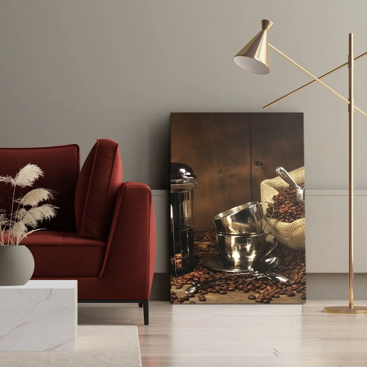 Bild auf Leinwand - Leinwandbild - French Press, Tassen und eine Tüte Kaffee auf einem hölzernen Hintergrund - 80x120cm - Der Charme des Kaffees - Aroma und Geschmack - Moderne Wanddekoration für Wohnzimmer und Schlafzimmer ARTTOR