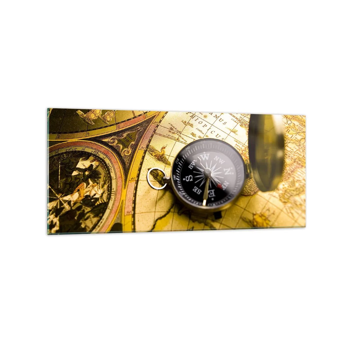 Glasbild - Bild auf glas - Ein antiker Kompass vor dem Hintergrund einer alten Weltkarte - 120x50cm - Oder vielleicht bis ans Ende der Welt? - Moderne Wanddekoration für Wohnzimmer und Schlafzimmer ARTTOR